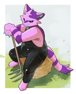 3_toes 4_fingers anthro anthrofied biped black_sclera blue_claws blue_eyes blue_nose blue_tongue claws clothed clothing collar farmer feet fingers fur hay hay_bale hoe latex latex_clothing latex_overalls licking licking_lips long_tail looking_at_viewer male markings overalls overalls_only overweight pink_body pink_fur pokemorph purple_body purple_fur sitting solo striped_arms striped_markings striped_tail stripes tail tail_markings toes tongue tongue_out tools trafdaco nintendo pokemon gao_(meowmcmeow) felid feline generation_7_pokemon mammal pokemon_(species) torracat 2026 absurd_res digital_media_(artwork) hi_res