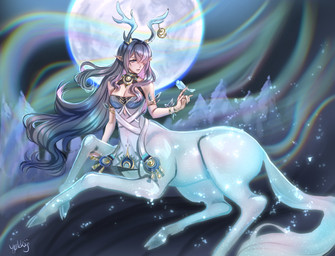 antlers blue_body breasts clothed clothed_female clothing cloven_hooves female hair hooves horn humanoid_pointy_ears light_body light_skin long_hair moon plant pointy_ears quadruped solo tree yukkiji genshin_impact mihoyo lauma deer deer_taur humanoid_taur mammal mammal_taur taur hi_res