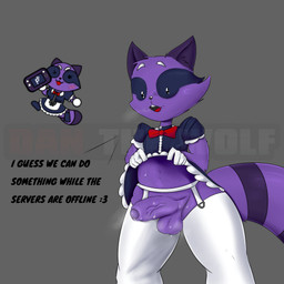 anthro beady_eyes bottomwear clothed clothing clothing_lift controller crossdressing dialogue game_controller garter_straps gloves handwear looking_at_viewer maid_uniform male markings nintendo_controller purple_body purple_clothing skirt skirt_lift solo striped_markings striped_tail stripes tail tail_markings uniform white_clothing white_gloves white_handwear wii_u_gamepad danielgamr95 nintendo wii_u bandwidth_(pretendo_network) mammal procyonid raccoon 1:1 absurd_res hi_res watermark