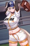 baseball_glove big_breasts blonde_hair bottomwear breasts clothed clothing female furgonomics hair hat headgear headwear shorts solo 5danny1206 animal_humanoid canid canid_humanoid canine canine_humanoid humanoid mammal mammal_humanoid absurd_res hi_res