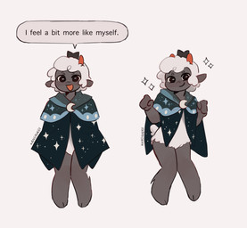 2_horns ambiguous_gender anthro black_body black_eyes cloak clothing dialogue fur glistening glistening_eyes horn open_mouth pose raised_hand red_horn scut_tail short_tail simple_background smile solo sparkles standing tail text white_background white_body white_fur white_wool wool_(fur) kandavers cult_of_the_lamb massive_monster_(studio) lamb_(cult_of_the_lamb) bovid caprine mammal sheep digital_drawing_(artwork) digital_media_(artwork) english_text meme signature