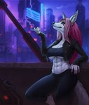 5_fingers abs anthro barefoot bottomwear bra breasts cigarette city city_background cityscape cleavage clothed clothing cropped_jacket cyberpunk feet female fingers fur hair inner_ear_fluff jacket leather leather_clothing leather_jacket leather_topwear muscular muscular_female pants pink_hair smoking solo tail topwear tuft under_boob underwear white_body white_fur mansilite mansi_(mansilite) arctic_fox canid canine fox mammal true_fox hi_res