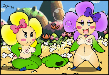 areola blue_clothing blue_footwear blush blush_stickers bow_ribbon breasts bubble camel_toe clothing discarded_clothing duo erect_nipples exposed exposed_breasts eyelashes featureless_feet feet female field flower footwear genitals glistening glistening_eyes green_arms green_clothing half-closed_eyes inverted_nipples kneeling leaf leaf_arms light-skinned_female looking_at_viewer midriff mountain narrowed_eyes navel nipples nude on_ground open_mouth open_smile panties pink_clothing pink_eyelids pink_panties pink_petals pink_underwear pixelated_background plant smile suntan tan_line underwear undressed vulva year yellow_grass yellow_petals coycoy mario_bros nintendo yoshi's_island crazee_dayzee elemental_creature flora_fauna flower_creature 2014 shaded signature