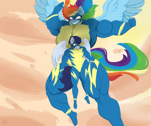 amazon anthro biceps big_breasts breasts cloud duo ear_piercing ear_ring eyes_on_the_prize fangs female fist flying full_body_suit imminent_spanking inner_ear_fluff larger_female male male/female muscle_size_difference muscular muscular_female muscular_male muscular_thighs oblivious open_hand pecs piercing ring_piercing romantic romantic_couple size_difference skintight_suit sky smaller_male smile spread_wings teeth thick_thighs tuft wings astrum_(artist) friendship_is_magic hasbro image_comics invincible_(image_comics) my_little_pony mythology rainbow_dash_(mlp) soarin_(mlp) wonderbolts_(mlp) equid equine mammal mythological_creature mythological_equine pegasus 6:5 absurd_res hi_res meme