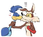 anthro anthro_on_anthro beak blush duo dynamite explosives kissing male male/male simple_background surprised_expression gz8ty looney_tunes warner_brothers road_runner_(looney_tunes) wile_e._coyote avian canid canine canis coyote mammal