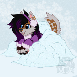 black_hair claws ear_piercing ear_ring earmuffs facial_piercing female feral fur hair highlights_(coloring) nose_piercing nose_ring orange_body orange_fur piercing purple_hair ring_piercing simple_background snow solo winter winter_clothing winter_coat vashtwiist aeris_(aeristhefox) canid canine fox mammal red_fox true_fox 1:1 watermark