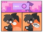 3_panel_comic anthro band-aid band-aid_on_face band-aid_on_nose bandage bandage_on_face bandage_on_nose black_body black_fur cheek_tuft chest_tuft controller dialogue ellipsis eyebrows facial_tuft fur game_controller grey_body grey_fur humor male raised_eyebrow solo speech_bubble text tuft xing1 nick_(the_xing1) lagomorph leporid mammal rabbit absurd_res english_text hi_res