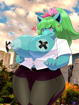 angry anthro belt big_breasts bottomwear breasts building button_(fastener) button_pop city clothing collared_shirt curvy_figure dress_shirt female green_hair hair huge_breasts outside panties pants partially_clothed_female plant shirt sky solo topwear undersized_clothing underwear wardrobe_malfunction blueondrive nintendo pokemon elemental_creature flora_fauna generation_1_pokemon ivysaur pokemon_(species) hi_res