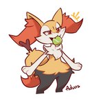 ambiguous_gender anthro ball biped black_body fur mouth_hold object_in_mouth open_mouth orange_body orange_fur simple_background solo tennis_ball white_background white_body white_fur yellow_body yellow_fur advos nintendo pokemon braixen generation_6_pokemon pokemon_(species) 1:1