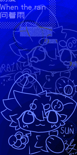 ambiguous_gender blue_body blue_fur blue_hair blush bodily_fluids circle_eyebrows clothing ear_tuft eyebrows facial_tuft fur hair hash_brown headgear headwear looking_at_viewer markings paws raining solo sun tears tears_of_pain text triangular_ears tuft ordinary_hash_browns unnamed_character domestic_cat felid feline felis mammal chinese_text hi_res