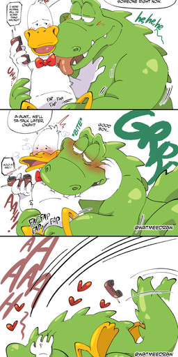 3_panel_comic anthro aroused aroused_face aroused_male aroused_smile beak bite biting_another biting_body biting_partner blush blush_lines bow_tie bow_tie_only dialogue electronics feathers green_body hand_on_back licking licking_another licking_body licking_partner lying_on_another male male/male masturbation moan mostly_nude nude on_phone phone phone_call red_bow_tie size_difference smile solo speech_bubble teeth text tongue white_body white_feathers watmeedraw sitting_ducks aldo_(sitting_ducks) ed_(sitting_ducks) alligator alligatorid anatid anseriform avian bird crocodilian duck reptile scalie absurd_res comic english_text hi_res