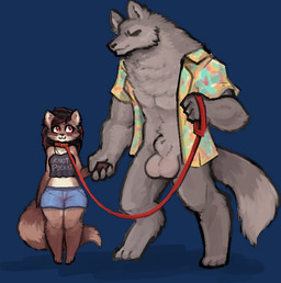 animal_genitalia animal_penis anthro balls big_balls bottomless canine_genitalia canine_penis clothed clothing collar dominant dominant_male duo female fully_sheathed genitals hand_holding hand_size_difference larger_dom larger_male leash male male/female penis sheath shirt simple_background size_difference smaller_female submissive submissive_female topwear transparent_background jam_(artist) momi_(pyrocyonid) canid canine canis mammal procyonid raccoon wolf aliasing alpha_channel binary_drawing digital_drawing_(artwork) digital_media_(artwork)