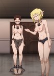 barefoot blonde_hair breasts brown_eyes brown_hair collar door duo eyewear feet female female/female glasses hair indors nipples not_furry slave slave_clothing slave_tattoo standing the_dark_mangaka elf human humanoid mammal hi_res