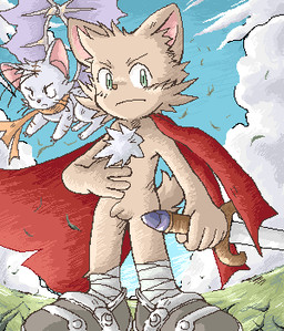 5_fingers ambiguous_gender anthro balls cape clothing cloud duo feral fingers flaccid footwear fur genitals grass_field green_eyes handkerchief holding_melee_weapon holding_object holding_sword holding_weapon kerchief leaf looking_at_viewer male melee_weapon penis red_cape red_clothing serious sky small_penis sword tan_body tan_fur weapon white_body white_fur wind wings young young_anthro young_male konsuke canid canine canis domestic_cat felid feline felis hybrid mammal wolf 2004 low_res