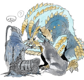 armor blue_body blue_fur blue_scales claws feral fur grey_body grey_fur group headgear helmet horn male scales simple_background tail trio white_background chocytd capcom dark_souls fromsoftware monster_hunter knight_artorias canid canine canis fanged_wyvern human mammal wolf zinogre crossover hi_res