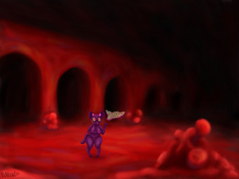 anthro big_breasts breast_squish breasts female gesture glowing glowing_eyes happy hooves horn horror_(theme) landscape nipples pink_nipples purple_body shortstack shortstack_female solo squish tail thick_thighs waving what wide_hips buncow ebee_(buncow) unknown_species 4:3 absurd_res hi_res unknown_language
