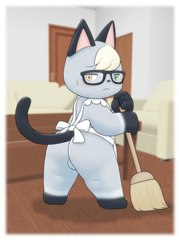 anthro backsack balls blonde_hair bodily_fluids broom butt cleaning_tool eyewear fur genitals glasses grey_body grey_fur hair heterochromia looking_back male mostly_nude rectangular_glasses solo sweat sweatdrop munieru animal_crossing nintendo raymond_(animal_crossing) domestic_cat felid feline felis mammal 2022 digital_media_(artwork) hi_res