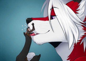 anthro blue_background blush duo extreme_size_difference fangs fur imminent_vore inside_mouth looking_pleasured macro male male/male micro open_mouth partially_inside purple_eyes red_body red_fur simple_background size_difference teeth tongue tongue_out white_body white_fur rooc canid canine fox lagomorph leporid mammal rabbit hi_res