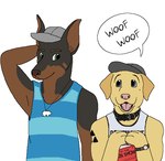 anthro arm_tattoo barking baseball_cap black_body black_collar black_eyebrows black_fur blue_clothing blue_eyes blue_shirt blue_tank_top blue_topwear brown_body brown_countershading brown_eyebrows brown_fur brown_nose clothed clothing collar countershading cropped_ears duo eye_contact eyebrows floppy_ears fur green_eyes grey_clothing grey_hat grey_headwear grey_sclera hand_behind_head handpaw hat headgear headwear jewelry looking_at_another male male_anthro necklace open_mouth open_smile pattern_clothing pattern_shirt pattern_tank_top pattern_topwear paws pink_nose pink_tongue shirt shoulder_tattoo simple_background size_difference smile snout speech_bubble striped_clothing striped_shirt striped_tank_top striped_topwear stripes tank_top tattoo teeth text text_on_clothing text_on_shirt text_on_tank_top text_on_topwear tongue topwear triforce_tattoo white_background yellow_body yellow_fur sebdoggo bird_dog canid canine canis dobermann domestic_dog hunting_dog labrador mammal pinscher retriever 2015 aliasing animated bust_portrait digital_drawing_(artwork) digital_media_(artwork) english_text flat_colors handwritten_text microsoft_paint_(artwork) portrait short_playtime trans_(lore) trans_man_(lore)