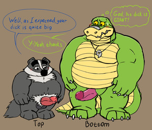 3_toes 4_fingers animal_genitalia anthro balls belly black_body black_fur blush blush_lines bodily_fluids body_hair chest_fur claws dialogue dripping duo embarrassed eyebrows feet fingers fur genital_fluids genital_slit genitals green_body humanoid_genitalia humanoid_penis jewelry leaking_precum male male/male musclegut muscular necklace nervous pecs penis penis_envy precum precum_drip pubes shortstack size_difference speech_bubble standing sweat sweatdrop text thick_eyebrows toes white_body white_fur yellow_body yellow_sclera bencomedion beastly_crimes beastly_crimes_(2024) brok_the_investigator cowcat_games brok_(brok_the_investigator) chief_badger alligator alligatorid badger crocodile crocodilian mammal mustelid musteline reptile scalie 2026 digital_drawing_(artwork) digital_media_(artwork) english_text hi_res