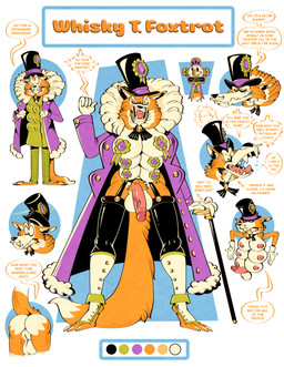 6_breasts big_breasts breasts cane clothing coat garter_belt garter_straps genitals green_eyes hat headgear headwear herm intersex multi_breast penis politics pubes toony top_hat topwear vulva metrothefox whisky_t._foxtrot canid canine fox mammal absurd_res hi_res model_sheet