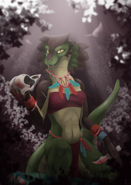 5_fingers anthro beads beak bird_skull blood bodily_fluids bone bone_knife bottomwear brown_body clothed clothed_anthro clothed_female clothing corpse detailed_background eye_contact facial_markings fangs feathers female fingers front_view glistening glistening_body glistening_eyes green_body head_markings holding_object holding_weapon jewelry kneeling knife leaf light light_beam loincloth looking_at_another looking_at_viewer markings necklace plant scar skull smile smiling_at_viewer solo sunbeam sunlight tan_body teeth weapon yellow_eyes hyacinth1971 cobra elapid_(snake) king_cobra reptile scalie snake 2026 absurd_res colored digital_drawing_(artwork) digital_media_(artwork) full-length_portrait hi_res lighting portrait shaded signature