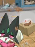 ambiguous_anthro ambiguous_gender anthro appliance birthday_candle blush blush_lines broken_glass cake camera_view candle carton container cooking cute_fangs depth_of_field dessert detailed_background fangs food frill_(anatomy) fur glass head_tuft heart_after_text heart_symbol inside kemono kitchen kitchen_appliance kitchen_utensils looking_at_viewer mask messy microwave_oven milk_carton milk_container neck_frill open_mouth open_smile pink_eyes pink_nose pupils selfie sink smile solo teeth tools tuft water hb_(artist) nintendo pokemon generation_9_pokemon mammal meowscarada pokemon_(species) 2025 3:4 colored digital_media_(artwork) hi_res shaded female_(lore)