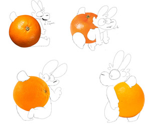 anthro bottomwear clothed clothing food fruit fruit_clothing male orange_(fruit) plant solo tail text topless agagmao lagomorph leporid mammal rabbit digital_media_(artwork) english_text hi_res