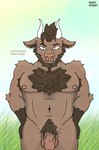 anthro dialogue foreskin genitals glans humanoid_genitalia humanoid_penis male navel nipple_piercing nipples penis piercing solo text unretracted_foreskin fer european_mythology greek_mythology mythology bovid bovine mammal minotaur absurd_res english_text hi_res