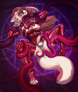 anthro anus areola balls bow_(feature) breasts brown_hair clothing elbow_sleeves eyewear fangs genitals glans glasses glistening glistening_genitalia glistening_glans glistening_penis glistening_tentacles green_eyes gynomorph hair intersex legwear long_hair nipple_piercing nipples penis piercing pink_glans pink_penis red_clothing red_legwear red_stockings solo stockings summoning_circle teeth tentacles arh star_lotus canid canine canis domestic_dog elkhound mammal norwegian_elkhound spitz hi_res