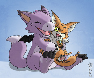 ambiguous_gender bat_wings claws dipstick_tail duo eyes_closed feral green_eyes hand_on_mouth happy hug looking_at_viewer markings membrane_(anatomy) membranous_wings neck_tuft one_eye_closed open_mouth pawpads simple_background tail tail_markings teeth tuft wings wink winking_at_viewer conditional_dnp yakukitsu bandai_namco digimon digimon_(species) dorumon meicoomon x-digimon hi_res
