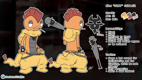 anthro baseball_bat bat_(object) chain_belt chained_arms chest_tattoo clothed clothed_anthro clothing male orange_body partially_clothed tattoo weapon codyf0xx nintendo pokemon pokemon_mystery_dungeon spike_chunsoft alex_scrap_caldwell fan_character generation_5_pokemon pokemon_(species) scrafty model_sheet
