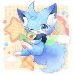 ambiguous_gender anthro biped blue_body blue_eyes blue_fur blush duo feral footprint fur holding_character inner_ear_fluff one_eye_closed open_mouth pawpads pawprint smile tuft kuo0 nintendo pokemon canid generation_5_pokemon mammal pokemon_(species) snivy character_request colorful_theme icon pastel_theme