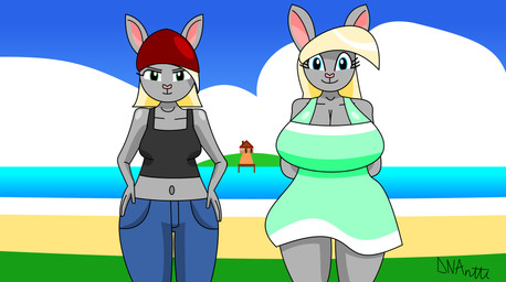anthro beach beanie blonde_hair bottomwear bra breasts clothing cloud denim denim_bottomwear denim_clothing dress duo eyelashes female hair hat headgear headwear jeans navel pants sea sky smile sports_bra underwear water dnantti lagomorph mammal absurd_res hi_res