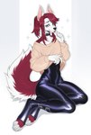 anthro blue_eyes clothing collar hair latex leather leather_collar looking_at_viewer male paws ponytail red_hair sitting solo sweater topwear white_body peachmuffin shade_anris bat mammal wingless_bat hi_res