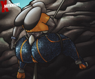 anthro big_breasts big_butt bottomwear breasts butt camel_toe climbing clothed clothed_anthro clothed_female clothing female fur grey_body grey_fur huge_butt orange_clothing orange_shirt orange_topwear pants rope scut_tail shirt short_tail solo tail thick_thighs tight_bottomwear tight_clothing tight_pants topwear under_boob wide_hips xartknight disney zootopia judy_hopps lagomorph leporid mammal rabbit 2026 6:5 hi_res