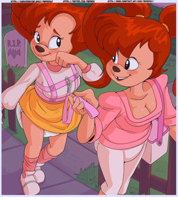 anthro bag black_eyes blush clothing costume diaper duo exposed_diaper female fence grass hair harness holidays leash nervous outside pavement pigtails pink_outfit plant red_hair role_reversal smile street tan_body tan_skin tombstone yellow_outfit paddedulf disney goof_troop halloween peg_pete pistol_pete mammal absurd_res hi_res