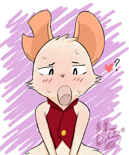anthro big_ears blush blush_lines bodily_fluids cheek_tuft clothed clothing disembodied_penis duo eyebrows facial_tuft fellatio female fur genitals heart_symbol notched_ear oral oral_penetration penetration penile penis pink_nose question_mark sex simple_background sweat topwear tuft vest white_body white_fur glacefrostbite mina_the_hollower yacht_club_games mina_(mina_the_hollower) mammal mouse murid murine rodent 5:6 hi_res