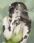 anthro breasts clothed clothing dress female horn markings solo spots spotted_body applebug bovid bovine cattle holstein_friesian_cattle mammal hi_res