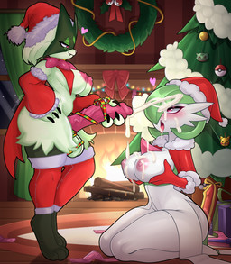 anthro areola bedroom_eyes bent_legs big_breasts big_penis blush blush_lines bodily_fluids breasts christmas_clothing christmas_decorations christmas_headwear christmas_tree claws clothed clothing condom condom_wrapper costume cum cum_on_breasts cum_on_face cum_on_tongue cumshot decoration duo ejaculation female fire fireplace genital_fluids genitals gloves gynomorph gynomorph/female handwear hat headgear headwear heart_symbol holding_breast holding_penis holidays intersex intersex/female kneeling log masturbation narrowed_eyes night nipples open_mouth penis pink_areola pink_nipples plant pokeball presenting ribbon_on_penis ribbons rug santa_costume santa_hat seductive sexual_barrier_device smile tongue tongue_out tree unused_condom wood wreath luz_dreaw raigan_draws christmas nintendo pokemon gardevoir generation_3_pokemon generation_9_pokemon meowscarada pokemon_(species) absurd_res digital_drawing_(artwork) digital_media_(artwork) hi_res