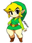 blonde_hair boots breasts clothing crossgender female footwear hair hat headgear headwear humanoid_pointy_ears light_body light_skin looking_at_viewer mtf_crossgender not_furry pointy_ears shirt shoes short_stack simple_background smile solo thick_thighs topwear tunic squishcap nintendo the_legend_of_zelda wind_waker toon_link elf humanoid hylian 3:4 signature