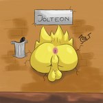 anus backsack balls butt feral fur genitals male marker name_plate nude rear_view solo stuck through_wall writing_utensil yellow_body yellow_fur aztepyeen nintendo pokemon eeveelution generation_1_pokemon jolteon pokemon_(species) 1:1 2021