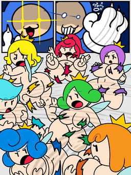 angry barefoot big_breasts big_butt blonde_hair blue_hair bodily_fluids breasts butt cat_smile clothing convenient_censorship covering covering_self crown eyelashes feet female fungus glistening glistening_eyes green_hair group hair half-closed_eyes headgear light-skinned_female light-skinned_male male motion_lines nails narrowed_eyes navel nude orange_hair ponytail purple_hair rear_view red_hair shocked short_hair simple_background tears thick_thighs toes torn_clothing wings toni_oni mario_bros nintendo sprixie_princess toad_(character) elemental_creature fairy fungi_fauna humanoid sprixie toad_(mario) 3:4 signature