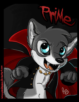 anthro black_background black_clothing black_nose black_sclera black_topwear blue_eyes cape cheek_tuft clothed clothing facial_tuft front_view fur grey_body grey_fur head_tuft jewelry logo male male_anthro navel necklace open_clothing open_mouth open_topwear red_cape red_clothing simple_background solo topwear tuft white_body white_fur young young_anthro young_male pandapaco canid canine mammal vampire artist_logo half-length_portrait portrait signature