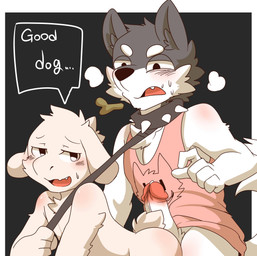 adolescent all_fours anthro bdsm black_background black_body black_fur blush bodily_fluids bondage bondage_gear bottomless bound butt clothed clothing collar dialogue dog_food dog_treat dominant dominant_male duo erection foreskin fur genital_fluids genitals good_boy half-closed_eyes holding_leash holding_object hot_dogging humanoid_genitalia humanoid_penis imminent_anal imminent_sex leash leash_pull leashed_top male male/male multicolored_body multicolored_fur narrowed_eyes nude penis pet_food pet_praise power_bottom praise precum retracted_foreskin seductive sex shirt shota simple_background speech_bubble spiked_collar spikes submissive submissive_male tank_top text topwear two_tone_body two_tone_fur white_body white_fur young young_anthro young_male saku1saya undertale undertale_(series) asriel_dreemurr doggo_(undertale) boss_monster_(undertale) bovid canid canine canis caprine domestic_dog goat mammal 2015 absurd_res english_text hi_res
