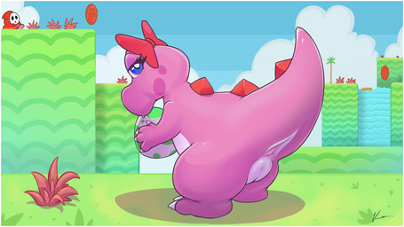 accessory anthro anus border bow_ribbon bright_colors claws coin egg female feral genitals holding_object plant snout solo vulva waterfall white_border konen mario_bros nintendo super_mario_bros._2 birdo_(character) birdo dinosaur elemental_creature flora_fauna prehistoric_species reptile scalie shyguy 16:9 hi_res widescreen