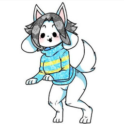 :3 anthro beady_eyes black_hair blue_clothing blue_sweater blue_topwear blush bottomless clothed clothing featureless_crotch female hair pattern_clothing pattern_sweater pattern_topwear short_hair solo striped_clothing striped_sweater striped_topwear stripes sweater topwear thededraptor undertale undertale_(series) temmie_(undertale) canid canine felid feline mammal tem low_res