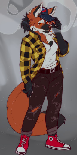 anthro baseball_cap belt black_body black_fur bottomwear cigarette clothed clothing denim denim_bottomwear denim_clothing facial_piercing female flannel flannel_shirt footwear fur grey_background hat headgear headwear jeans looking_at_viewer multicolored_body multicolored_fur neck_tuft nose_piercing nose_ring orange_body orange_eyes orange_fur pants piercing ring_piercing septum_piercing shoes simple_background smoking solo standing tipping_hat tomboy torn_bottomwear torn_clothing tuft white_body white_fur midnight_arr jax_(yeen.queen) canid canine mammal maned_wolf digital_media_(artwork) full-length_portrait portrait nonbinary_(lore)