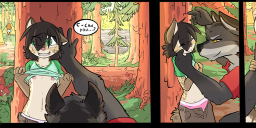 age_difference anthro anthro_on_anthro clothed clothing clothing_lift detailed_background dialogue duo_focus eyes_closed female flat_chested forest fur grass grin group larger_male loli male male/female markings navel nervous nipples older_male outside panties plant river rock shirt shirt_lift size_difference smaller_female smile spots spotted_body spotted_fur teeth text tomboy topwear tree underwear young young_anthro younger_female domovoi_lazaroth camp_pines kian_(seff) noodle_(domovoi_lazaroth) canid canine canis domestic_cat felid feline felis mammal wolf 2017 comic digital_media_(artwork) english_text shaded story story_in_description
