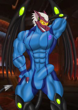 anthro bulge clone clothing cybernetics erection erection_under_clothing hair machine male muscular muscular_male prosthetic prosthetic_arm prosthetic_leg prosthetic_limb prosthetic_tail prosthetic_wings science_fiction solo tail white_hair zero_suit flameyverdantfire metroid nintendo fan_character nova_ridley_(flameyverdantfire) ridley alien cyborg space_dragon_(metroid) absurd_res hi_res